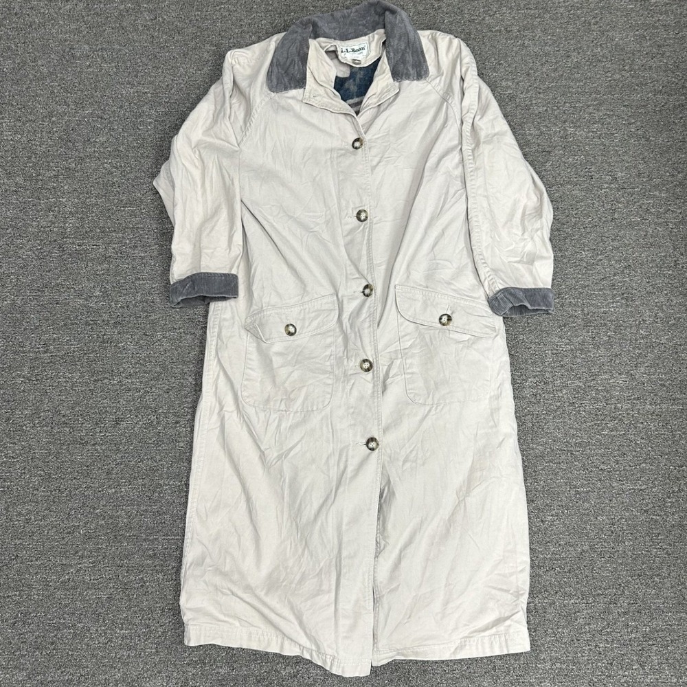 L.L. Bean Field Coat Womens Medium Petite Beige Wool Lined Canvas Duster R186